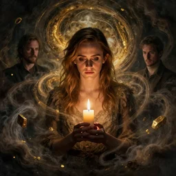 a realistic emma watson holding a candle shrouded in mysterious darkness by ellen jewett, tomasz alen kopera and justin gerard, intricate detail, swirling energy, golden treasures, volumetric clouds, grunge, texture, projection of the soul