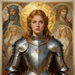 masterpiece head-on symmetrical centered painted portrait, Imogen Poots as a female warrior paladin, golden halo, saintly, glorious, wearing full metal armour, in the styles of Edgar Maxence and Ross Tran and Zdzisław Beksiński and Michael Whelan and Mucha and Gustav Dore and H.R. Giger. 8k, octane render