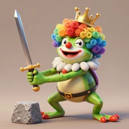 clown frog king pulls the sword from the stone, clown frog king wearing clown makeup and rainbow wig, clown crown artwork by Todd Schorr, 3D rendering by Beeple