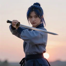 highly detailed beautiful photo of a madison beer as a young female samurai, practising sword stances, symmetrical face, beautiful eyes, dark - blue hair, realistic, 8 k, award winning photo, pastels colours, action photography, 1 / 1 2 5 shutter speed, sunrise lighting,