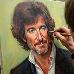 a closeup photorealistic photograph of bob ross detailing a canvas painting of kenny powers. film still. brightly lit scene. this 4 k hd image is trending on artstation, featured on behance, well - rendered, extra crisp, features intricate detail, epic composition and the style of unreal engine.