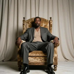 style of frank miller, portrait of big black man sitting on throne, background made of big curtains