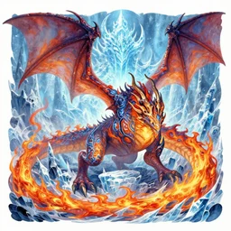 Detailed illustration of a fantasy fire and ice dragon, blizzard concept artists, magic the gathering, moebius, intricate, trending on artstation, deviantart, 8k, vibrant, high res