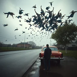 thousand men floating from the sky, thousand men flying from the sky, thousand men falling from the sky, a man standing next to an old car in the rain, camera from behind, trending in artsation, stefan koidl