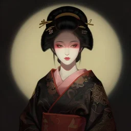 female geisha girl, night vision, beautiful face, rule of thirds, intricate outfit, spotlight, by greg rutkowski, by jeremy mann, digital painting