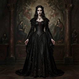 full length portrait of a woman with timeless beauty & breathtaking eyes dressed in gothic attire, intricate, elegant, DSLR 8K, biblical art, realism, incomprehensible detail, final fantasy & silent hill aesthetic, photorealistic, lifelike, created by Razaras on deviantart