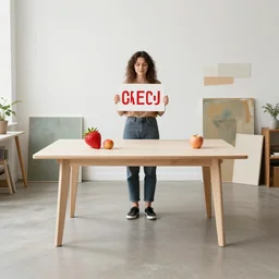 A product photoshoot of a 10ft by 10ft art studio, a strawberry is sitting at the table in the middle of the room with an apple on the table, woman his holding a sign, table is centered