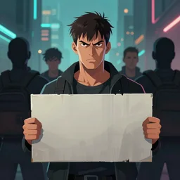 angry protesters holding placard, detailed digital illustration by greg rutkowski, medium shot, cyberpunk