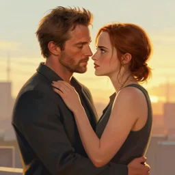 danny mcbride and emma watson in apocalypse, golden hour, digital art, loving embrace, trending on artstation