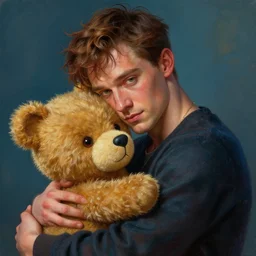 patrick bateman hugging a teddy bear, high detail, elegant, digital painting, cinematic lighting, vibrant, intricate, textured skin, highly detailed, artstation, sharp, focus, hdr, unreal engine 5, breathtaking ilya kuvshinov, nikolay makovsky