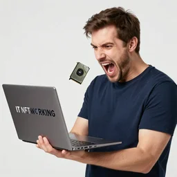 Stock Photo of a mam holding a laptop while he screams out IT NETWORKING, Realistic, HDR, Clear Image, HDD, RTX ON, C 10.0