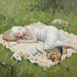 an beautiful oil painting of a white pale woman lying on her side on a picnicking blanket surrounded by grass and sleeping dogs