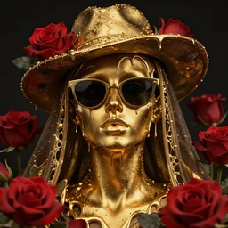 a head made out of melting gold, dark palette, it is wearing sunglasses and a hat and a veil, there are red roses all around it, golden paint melting, vogue cover style, depth of field, demonic style, smooth fractal style, ethereal fantasy style, 3 d perfect render style, horror style