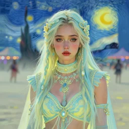 portrait of a beautiful girl, burning man festival, sad, pastel shades of light blue and light yellow, beautiful face, rule of thirds, intricate outfit, spotlight, by greg rutkowski, by jeremy mann, by francoise nielly, by van gogh, digital painting