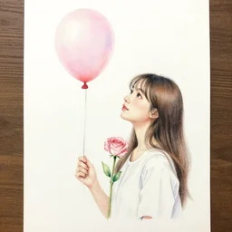 a girl holding a balloon and a flower. realistic watercolor and pencil painting.