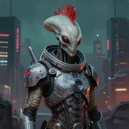 focused portrait painting of a punk rock alien wearing a futuristic space suit, cyberpunk city on wall in background, mood lighting, in the style of HRGiger, 8K C 12.0