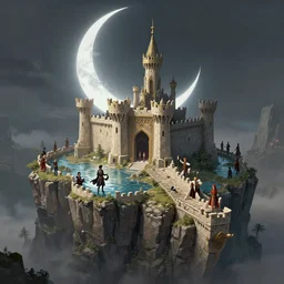 prince of persia castle keep on glorious cliff moat with the crescent moon rippling above. Craig Mullins, Dylan Cole, Liang Mark, Darek Zabrocki, Finnian MacManus, Sung Choi, Ruan jia, Albert Bierstadt Greg Rutkowski, Cinematic Keyframe Environmental & Architectural Design Concept Art, Trending on ArtStation