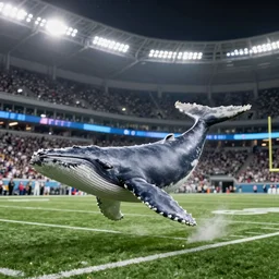 whale flying above an NFL football game photograph realistic stadium lighting