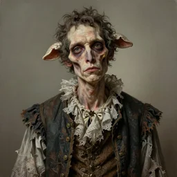portrait painting of a scrawny man with a bony face and a sheepish look wearing tattered fancy clothes. ultra realistic, concept art, intricate details, eerie, highly detailed, photorealistic, octane render, 8 k, unreal engine. art by artgerm and greg rutkowski and charlie bowater and magali villeneuve and alphonse mucha