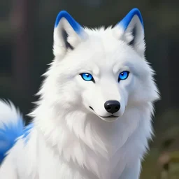 furry ( fandom ) art of a cute anthropomorphic white wolf with blue accents and blue eyes, digital art, painting, trending on furaffinity
