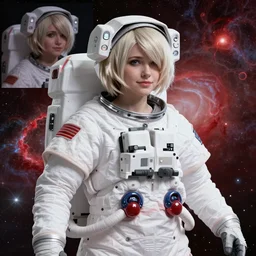 Art collage of a hopeful pretty astronaut lady with a wavy blonde hair, 4k resolution, nier:automata inspired, bravely default inspired, vibrant but dreary but upflifting red, black and white color scheme!!! ((Space nebula background))
