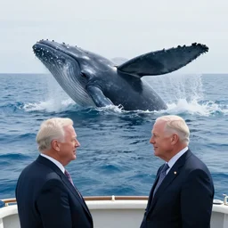 vice president cheney on a whaling boat facing off against a mighty whale in the sea