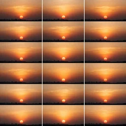 a sunset split into a grid of 16 frames with the sunset progressing in each frame