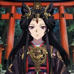 techwear occultist, torii, shrine, inari shrine, miko, touhou project, beautiful, detailed symmetrical close up portrait, intricate complexity, in the style of kyoto animation key visuals and takato yamamoto, artgerm, cel shaded