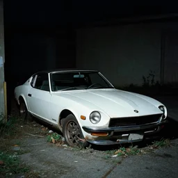decaying white 350z roadster abandoned in alley night time decrepit shot from bladeruner 2049 soft lighting dark shadows beautiful 35mm camera Greig Fraser