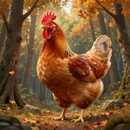 giant chicken in a forest in autumn, fantasy matte painting