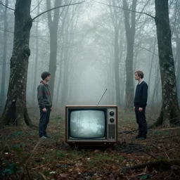 oldschool tv in the middle of foggy woods, by simon stalenhag, roger dean and greg rutkowsky,