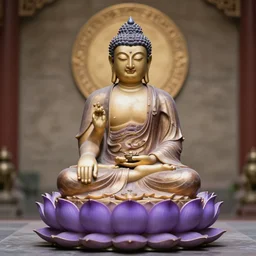 The Buddha sitting on a purple Lotus Flower + Buddhist Art + Depth of Field + 4k resolution