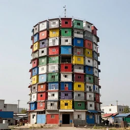a circular tower, made up of colourful makeshift squatter shacks, dystopia, sony a 7 r 3, f 1 1, fully frontal view, ultra detailed, photographed by hiroshi sugimoto,
