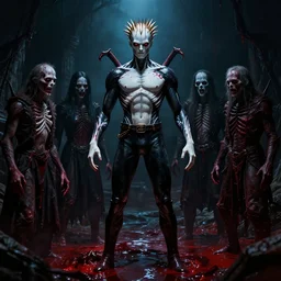 charlie bowater, dean cornwell, clive barker, pinhead full body hellraiser, surrounded by cenobites, demonic realm, ocean of blood, occult, rembrandt lighting