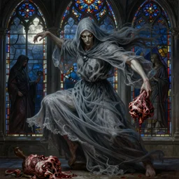 breathtaking detailed soft painting of grim reaper in gauze dress and bleeding meat, with long hair and piercing eyes, in an intricate medieval stained glass moonlight, dynamic pose and movement, rembrandt style, elegant, highly detailed, artstation, concept art, matte, sharp focus, art by tom bagshaw, luis royo and greg rutkowski