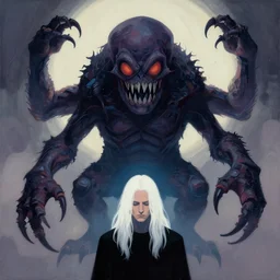 a monsterous chtulu is haunting the dream of a man with long white hair, symmetrical, acryl on canvas, vector