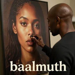 a bald black man watching a movie poster with written baalmuth