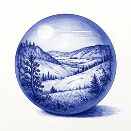 insanely detailed landscape, blue ball - point pen art