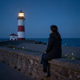 woman sitting on wall looking at the ocean. lighthouse. stars. fireflies. winter. dutch master