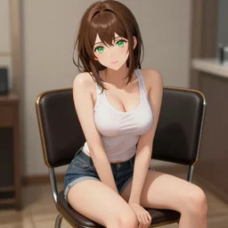 sexy girl with brown hair and green eyes, wearing a shorts, sitting on a chair, highly detailed, in the style of and ilya kuvshinov and greg rutkowski, high quality anime artstyle, intricate