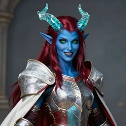 masterful rococo style portrait, female tiefling warrior of deep blue skin, straight aquamarine translucent crystal horns, shiny dark blood red hair, shifty lime green eyes and a playful smile wearing teal lined crimson plate armor and a white cape with red lining, highly detailed masterpiece, dnd, dungeons and dragons, magic, artstation trending, 8 k