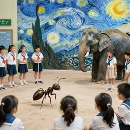 in the afternoon at school, an ant kills an elephant as a group of students in sailor uniforms watch by van gogh