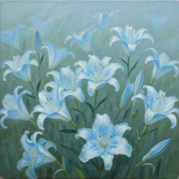 painting of a field of light blue lilys, matte