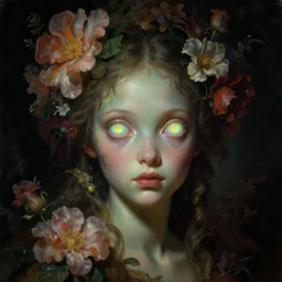 baroque neoclassicist close - up sci - fi portrait of a fantasy young alien girl overgrown with flowes and big glowing eyes. iridescence. dark black ominous background, glowing atmosphere. highly detailed science fiction fantasy painting by norman rockwell, frank frazetta, and syd mead. rich colors, high contrast, gloomy atmosphere. trending on artstation and behance.
