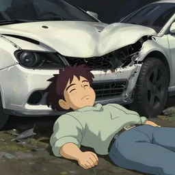 a 50 year old brunnette chinese man with puffy cheeks lying with closed eyes on the ground next to a white super car crash, horror scene, dramatic, anime art, Greg Rutkowski, studio ghibli, dramatic lighting