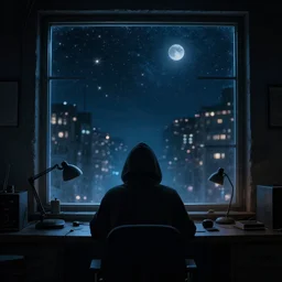 hacker's room, view at the beautiful night sky through the window, night, lights, volumetric lighting, simon stalenhag