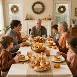 a family of bagels is about to eat thanksgiving dinner.