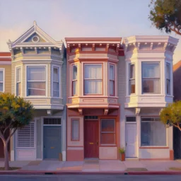 beautiful painting of san francisco houses and storefront without characters, intricate and smooth colors, front view, trending in artstation, colorful octane render, dawn light, art style by michal sawtyruk