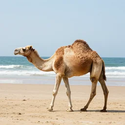 a camel walking on the beach