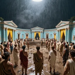 pov in a crowd of people with toga in ancient neoclassical buildings, light blue troglodyte temples with yellow drapery in a deep spherical pit by piranesi, cinestill 8 0 0 t 3 5 mm, high quality, mud, rain, fog, by night, ultra wide lens, anamorphic, flares